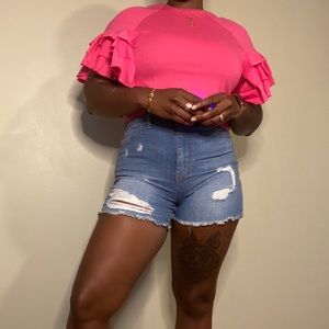Hot pink crop top with exaggerated sleeves